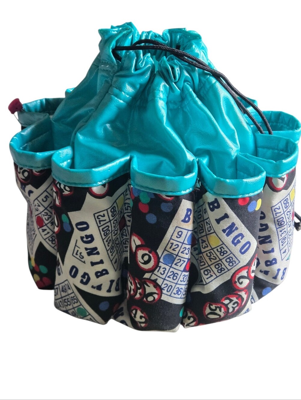 Mom's Bingo Bag Vintage 90s Teal Pleather 10 Dauber Pockets Bonus Bag Inside USA - Picture 2 of 9